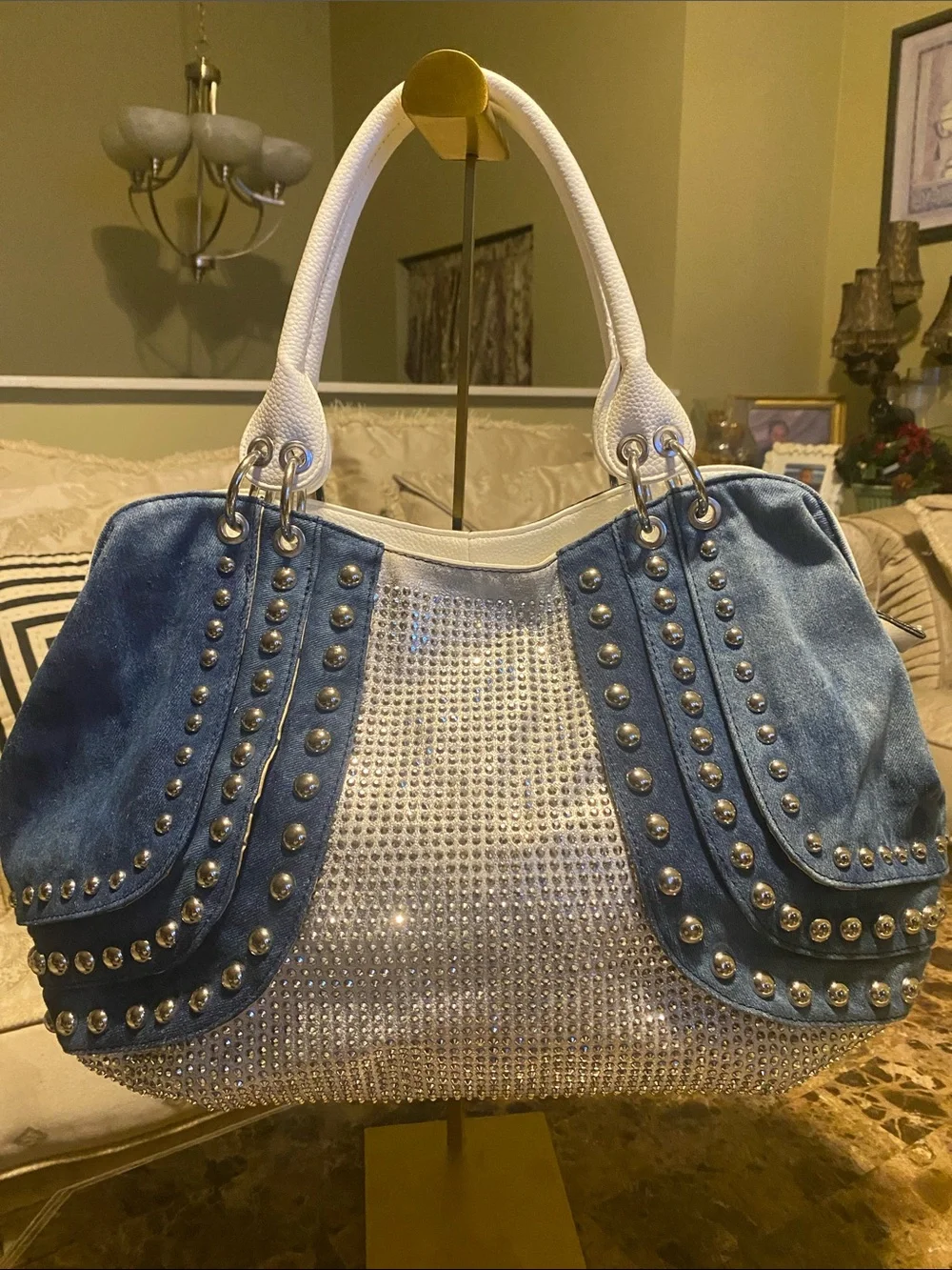 Studded Blue & White Shoulder Bag with Crystal Front